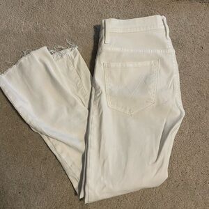 MOTHER White Cropped Frayed-Hem Ankle Jeans